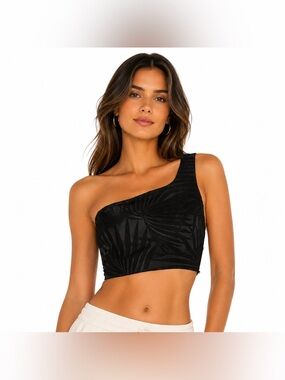 Significant Other Camille One Shoulder Black Crop Top Tropical Print  Size 4